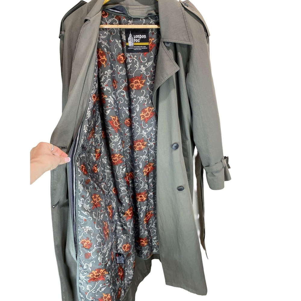 London Fog Vintage Trench Coat Sage Green Double Breasted Belted 6 Reg USA Made - Picture 13 of 16